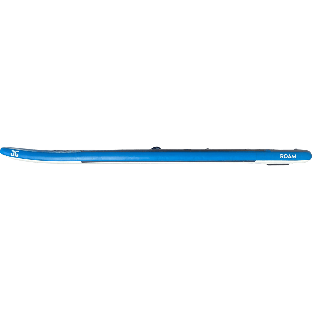 Blue/white Roam 126 SUP with top handle, labeled ROAM and JG.
