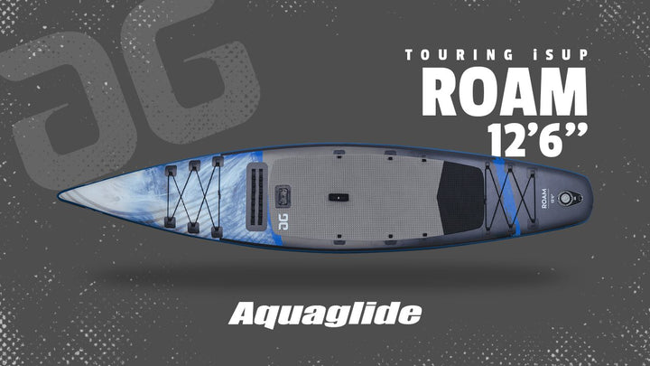 Roam 126 Paddleboard for performance touring in blue and gray with accessories.