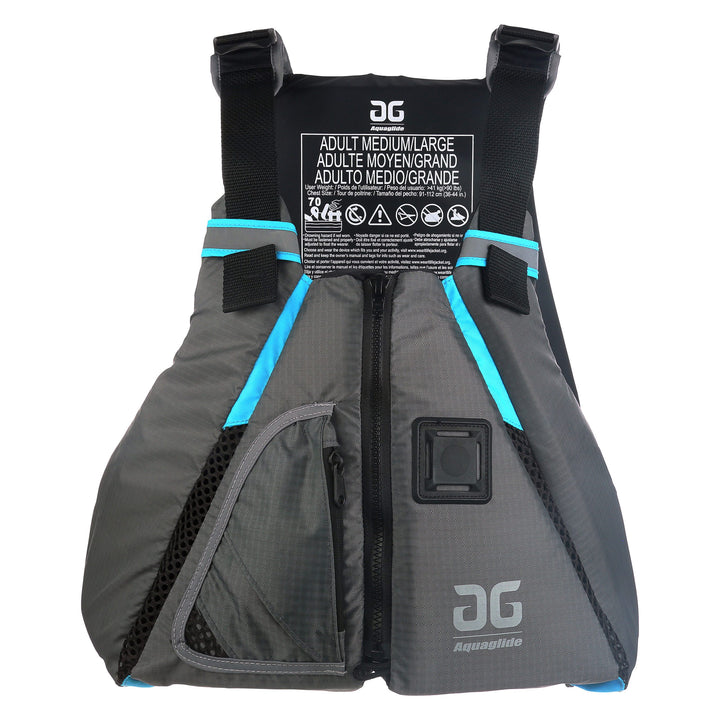 Aquaglide Paddle Vest: Gray/blue with black straps and a front zip pocket.