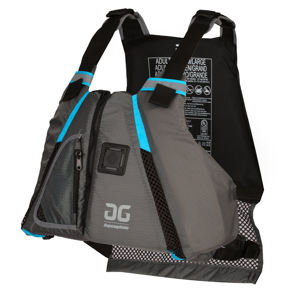 Aquaglide Paddle Vest, gray with blue accents and a front zippered pocket.