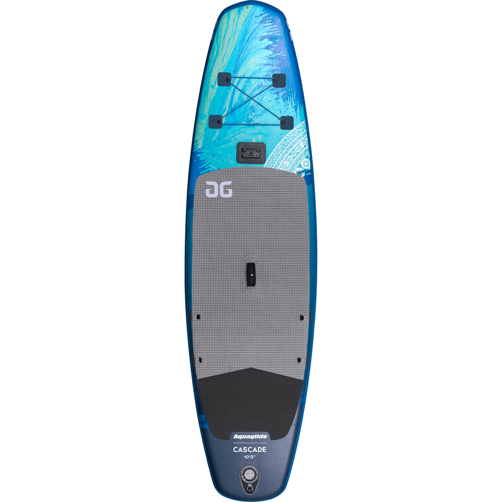 Cascade 10 Paddleboard: Lightweight, blue-gray with leaf patterns and textured surface.