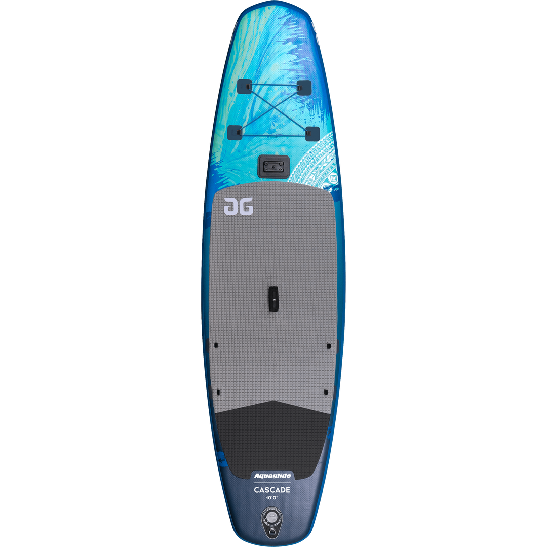 Cascade 10 Paddleboard: Lightweight, blue-gray with leaf patterns and textured surface.