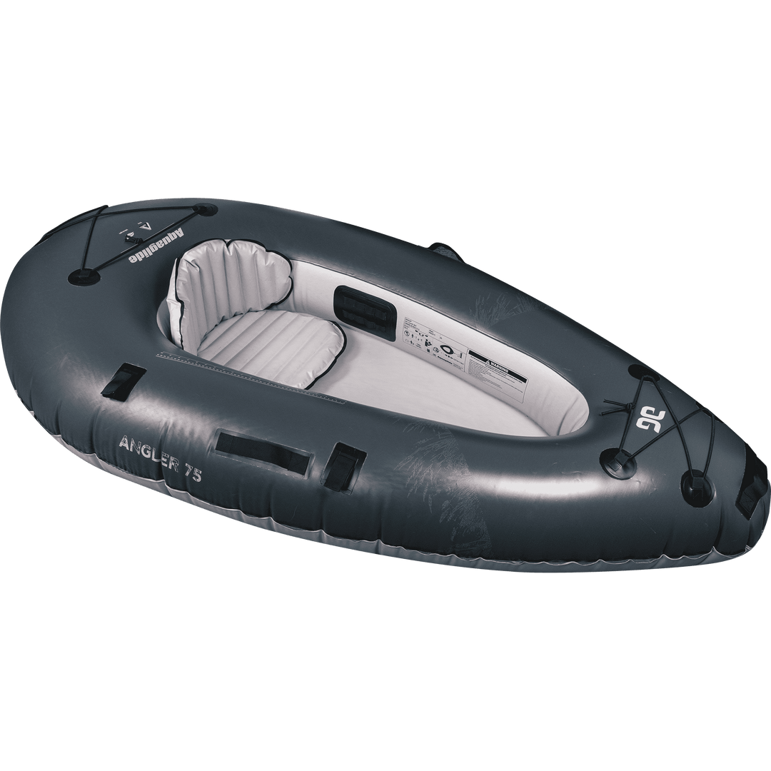 Backwoods Angler 75: Ultralight solo kayak, ribbed interior, black accents.