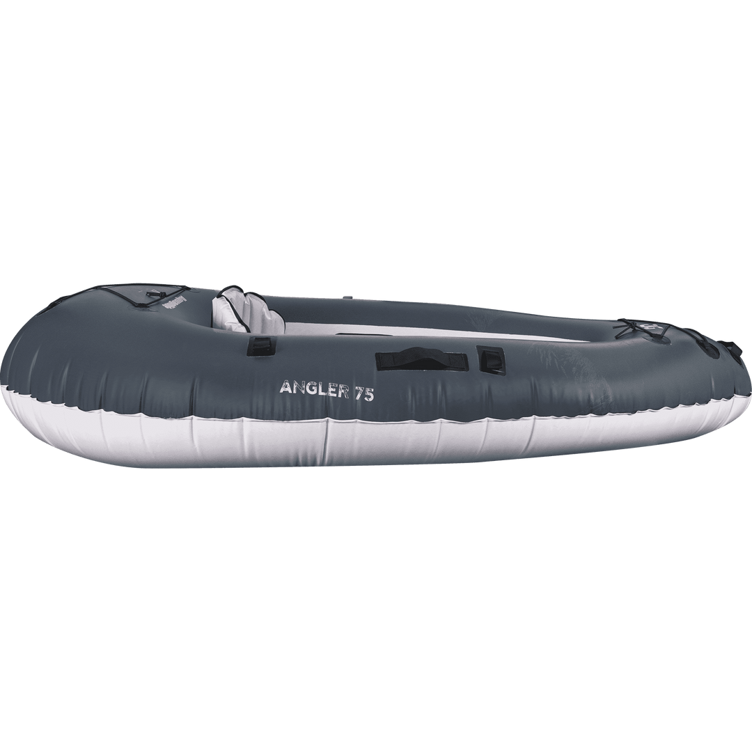 Backwoods Angler 75 kayak, blue/white, ultralight with customizable gear options.