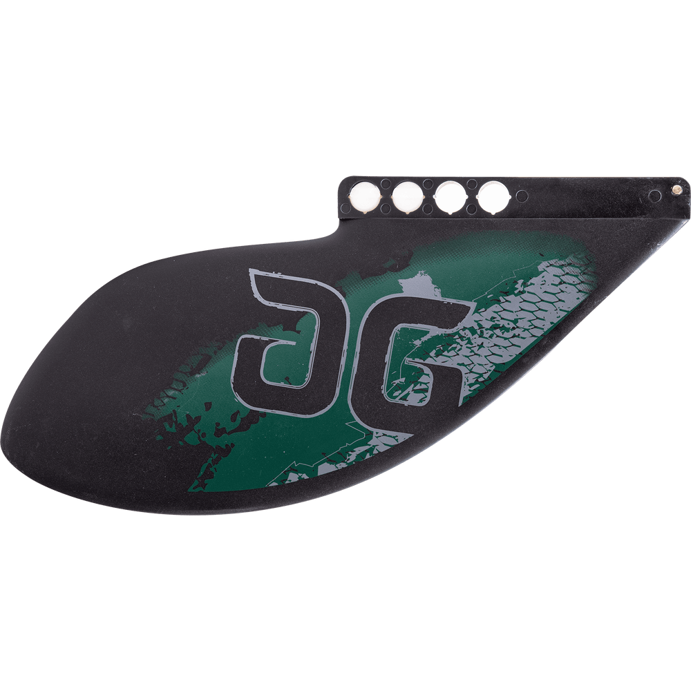 Black kayak fin, white pattern, green JG logo; Press-Fit Kayak Fin with Glass Flex Construction.