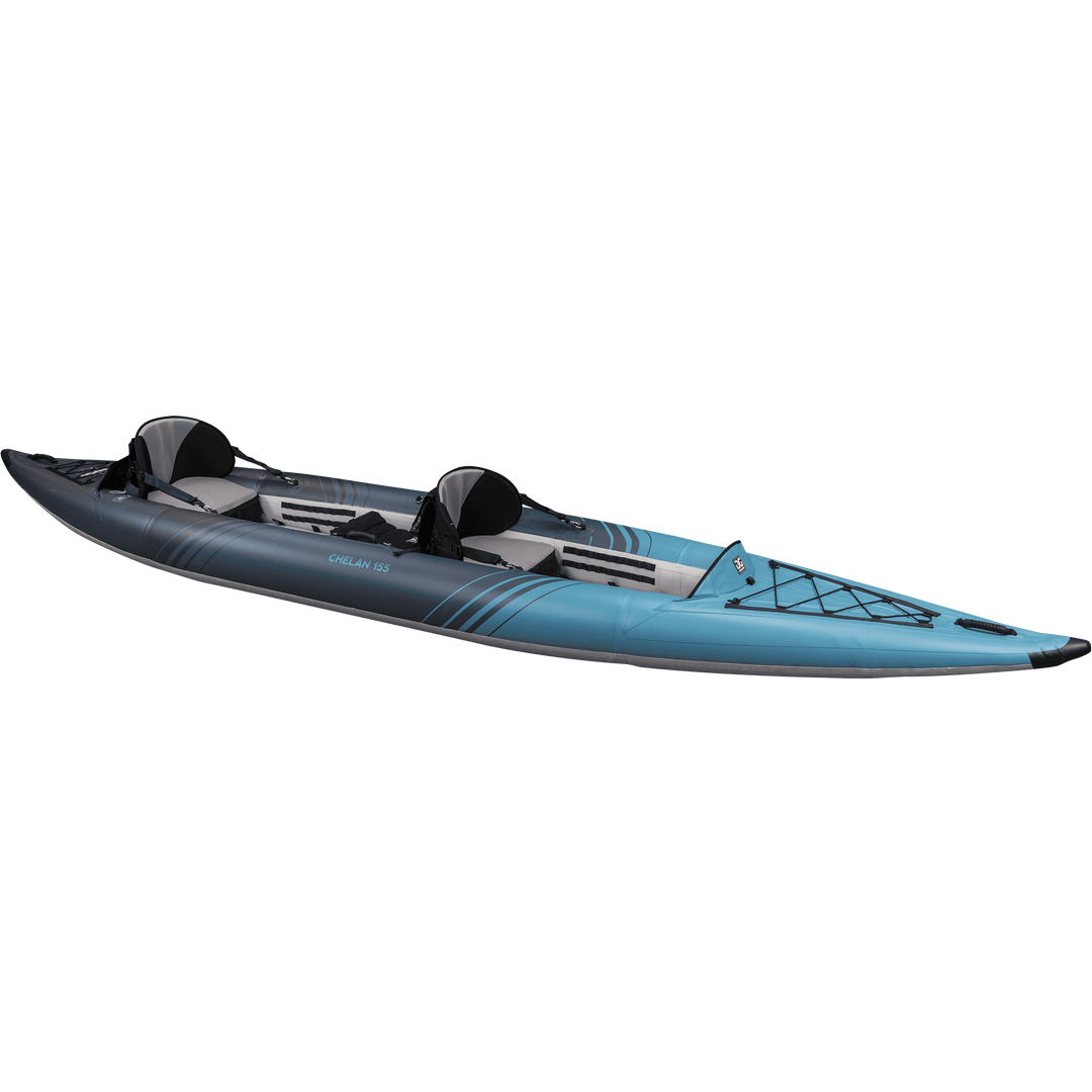 Chelan 155 inflatable tandem kayak with two seats and gear netting.