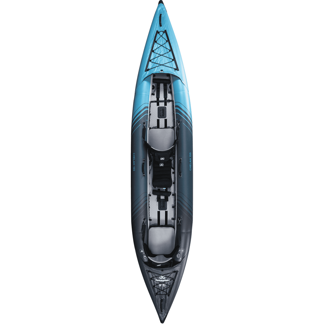 Chelan 155 tandem kayak with rugged Duratex™, seats, and paddle holders.