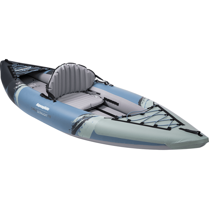 Cirrus Ultralight 110: Inflatable kayak with padded seat and sturdy black straps.