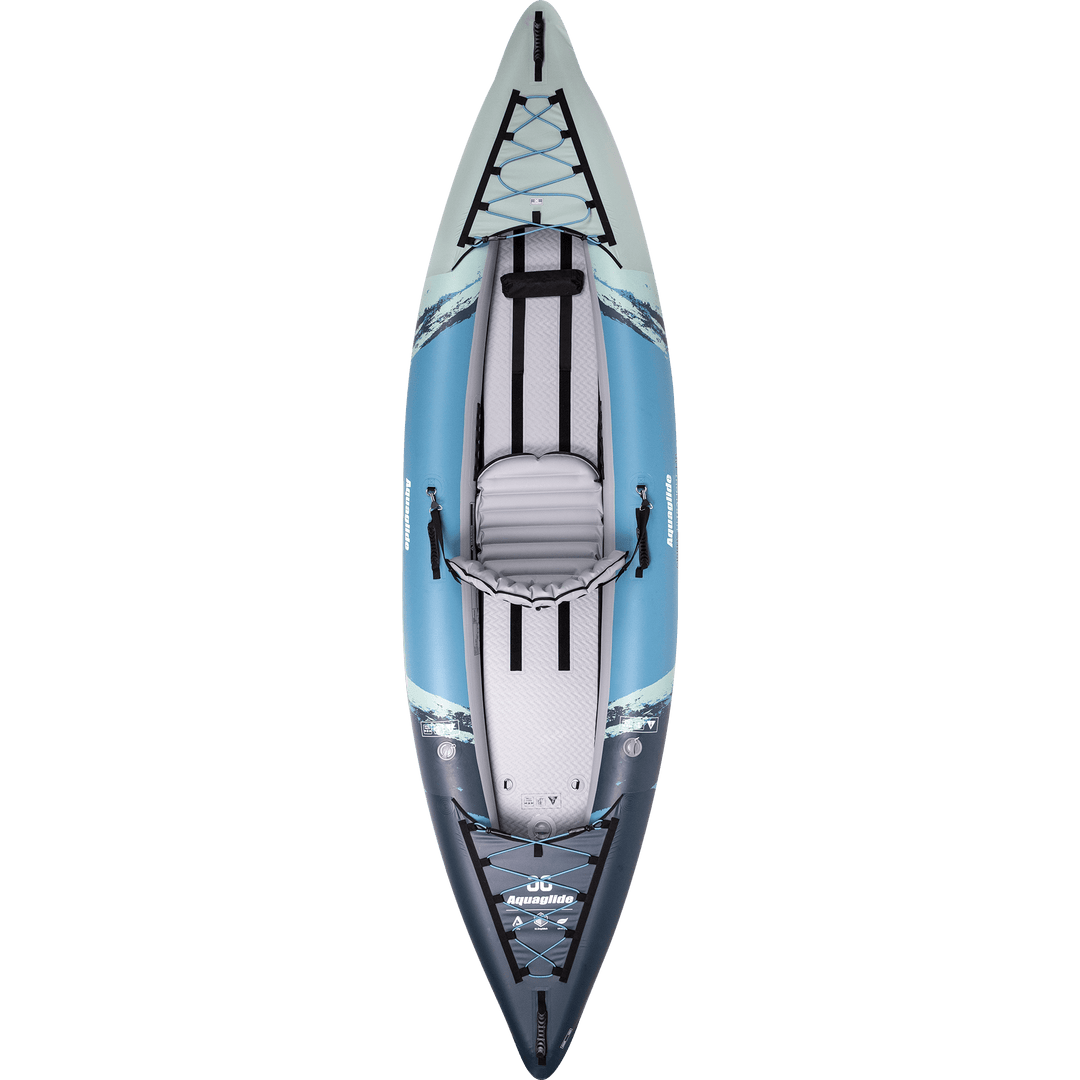 Top view of Cirrus Ultralight 110, a blue and gray inflatable kayak with black straps and seat.