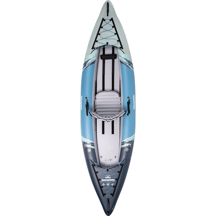 Top view of Cirrus Ultralight 110, a blue and gray inflatable kayak with black straps and seat.