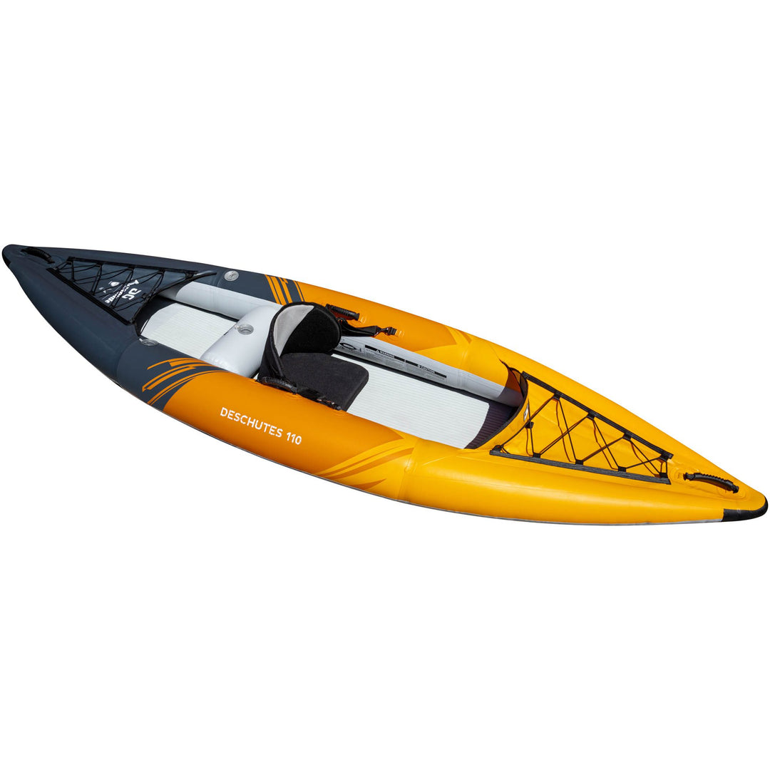 Deschutes 110: Lightweight touring kayak, yellow/gray, with seat & storage bungees.