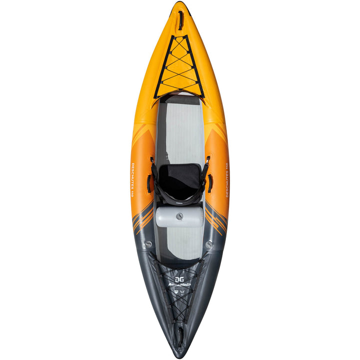 Top view of a yellow and black Deschutes 110 touring kayak with a gray seat.