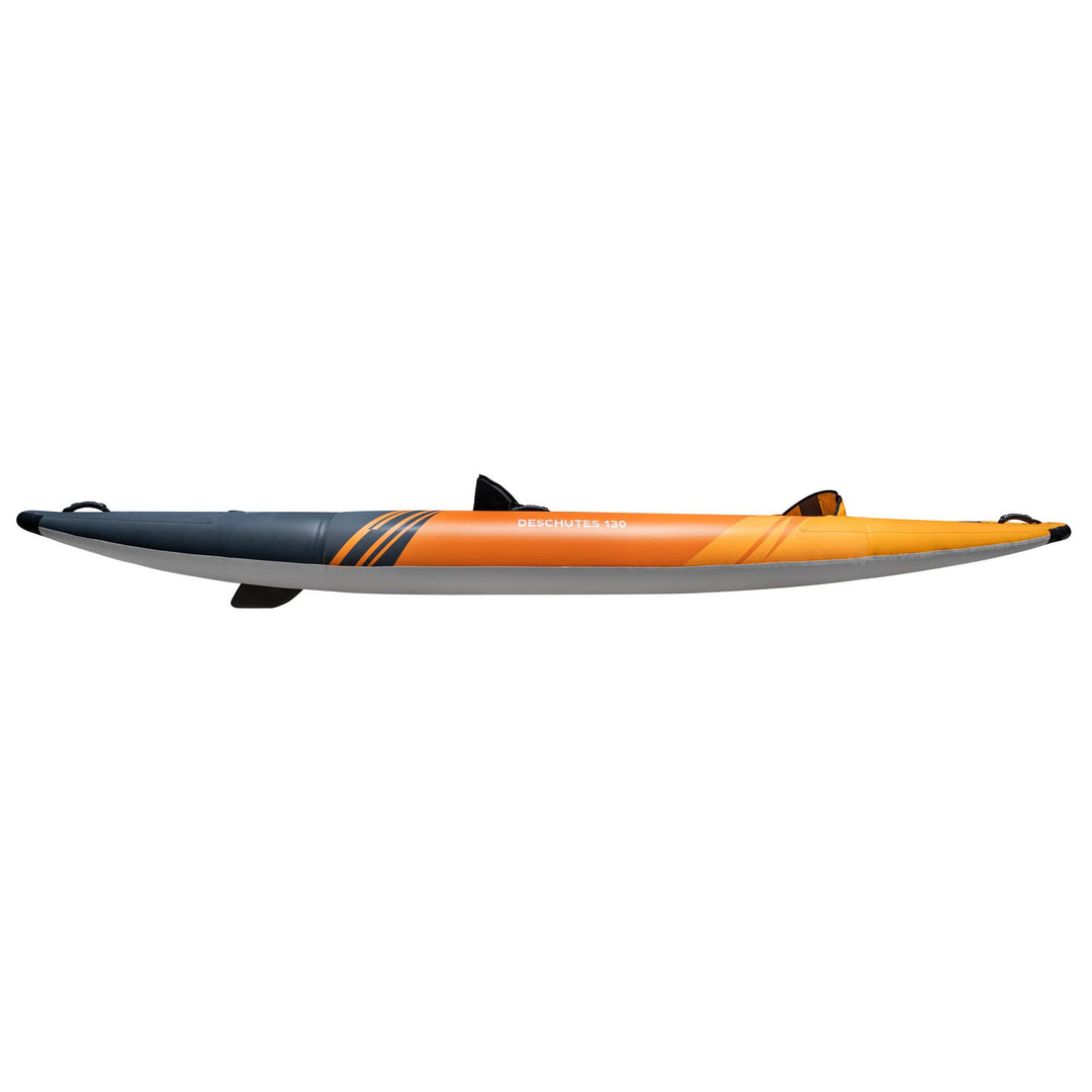 Side view of the orange/black Deschutes 130 Package kayak with handles and a seat.