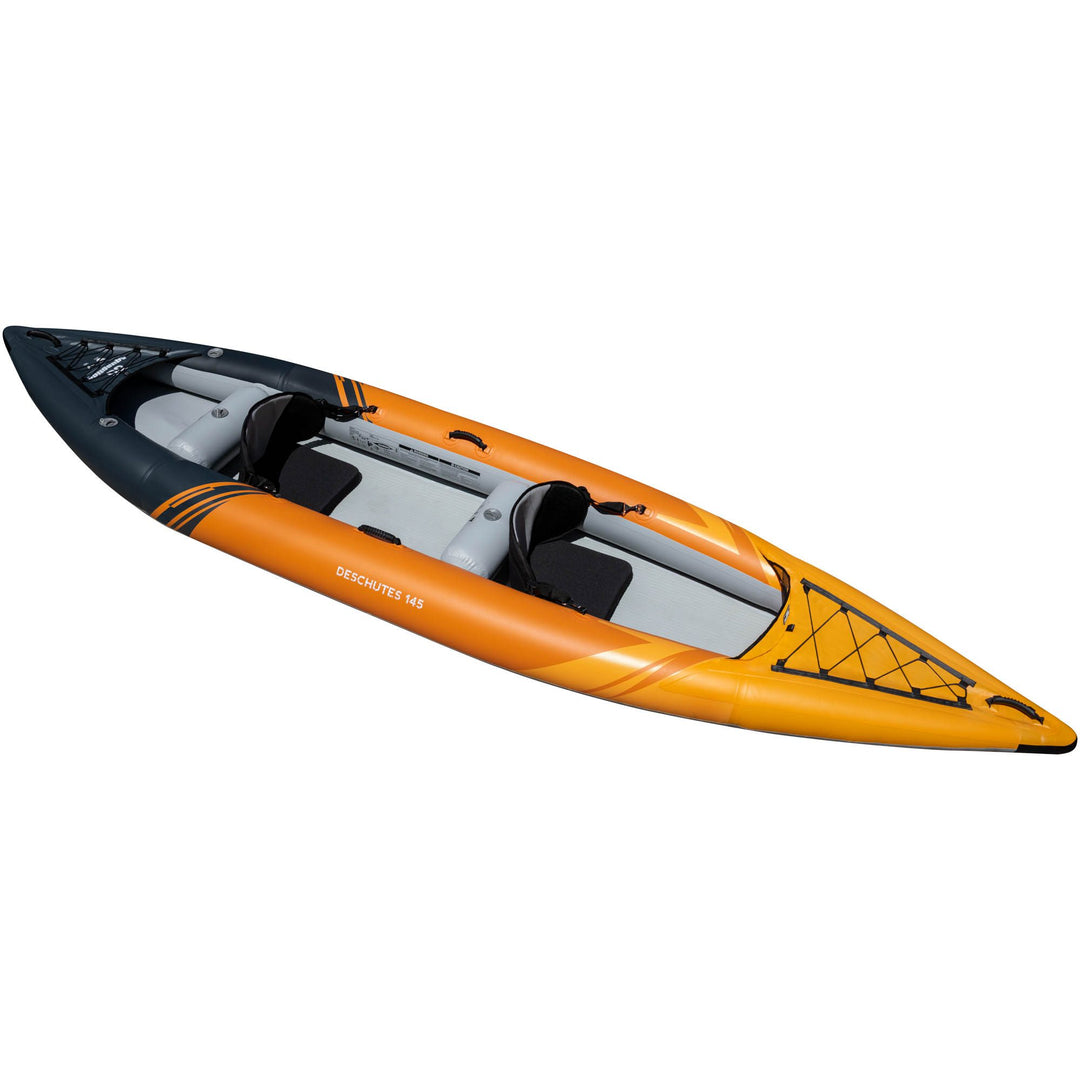 Deschutes 145: An orange inflatable tandem touring kayak with two seats and black accents.