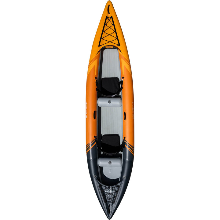 Orange Deschutes 145 tandem kayak, two-seater, with black and gray accents, top view.