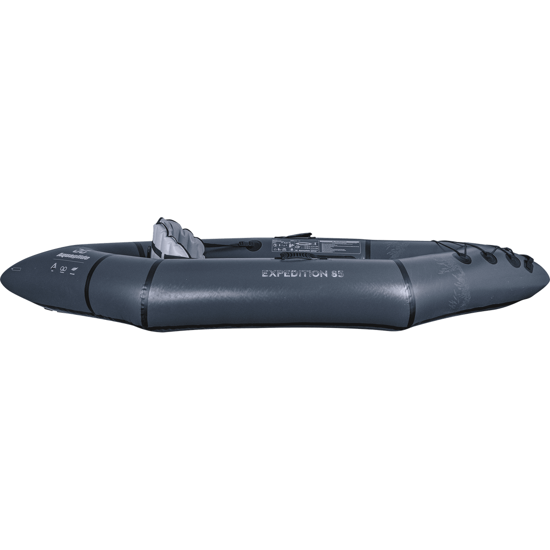 Ultralight inflatable kayak with paddles, Backwoods Expedition 85, in gray.
