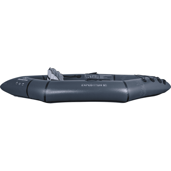 Ultralight inflatable kayak with paddles, Backwoods Expedition 85, in gray.