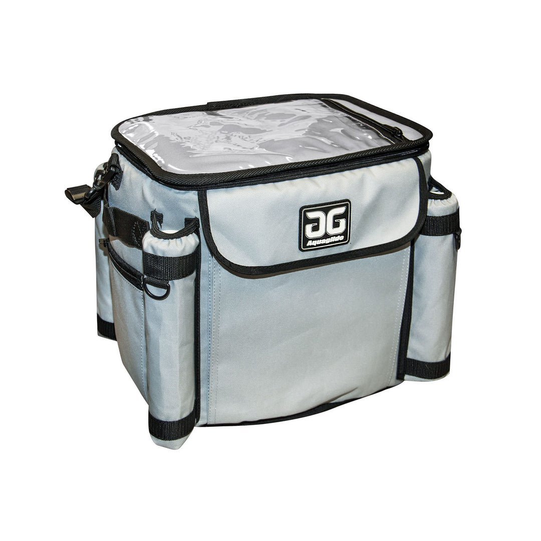 Fishing Cooler with rod holders, clear top compartment, and a soft-sided gray design.