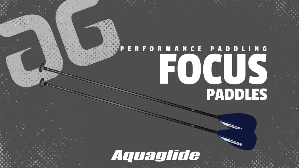 Blue/black paddles with Leverlock handle on an Aquaglide Focus 3-Piece Leverlock® poster.