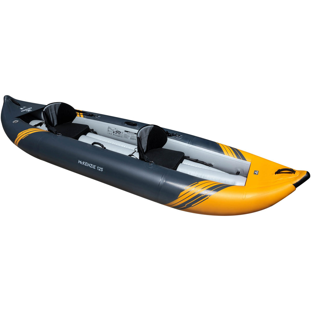 McKenzie 125 inflatable kayak in yellow and gray with two seats for tandem paddling.