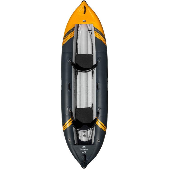 McKenzie 125 inflatable kayak in yellow/gray, ideal for whitewater paddling.