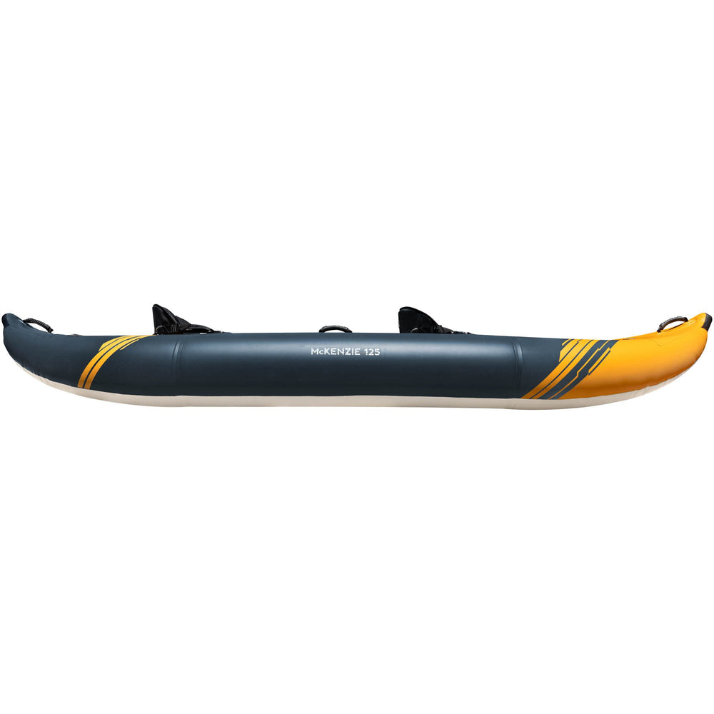 McKenzie 125 kayak with black sides and yellow ends, viewed from the side.