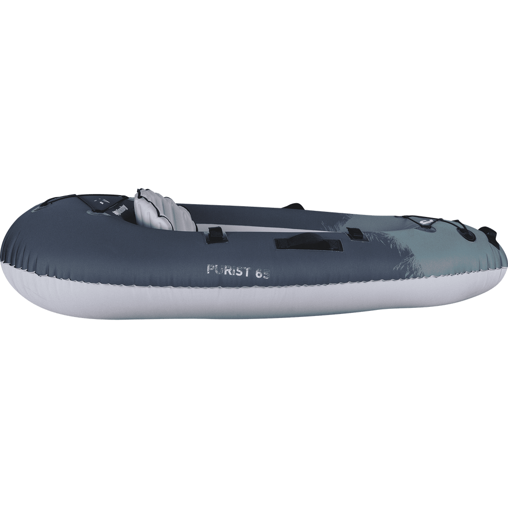 Backwoods Purist 65: Inflatable gray/white ultralight kayak with black handles for solo use.