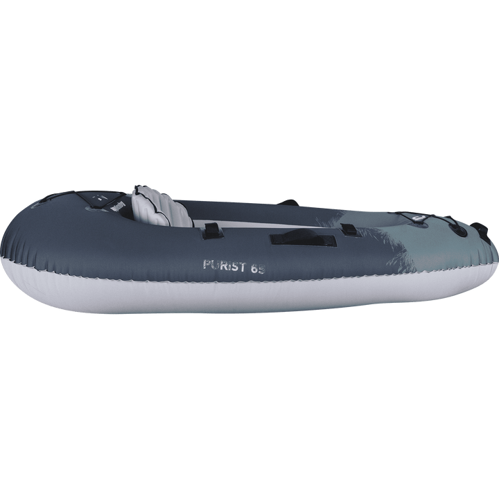 Backwoods Purist 65: Inflatable gray/white ultralight kayak with black handles for solo use.