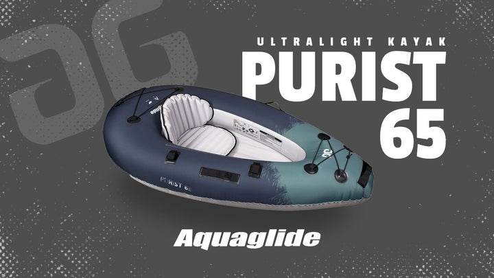 Ultralight Backwoods Purist 65 inflatable kayak by Aquaglide in blue and white.