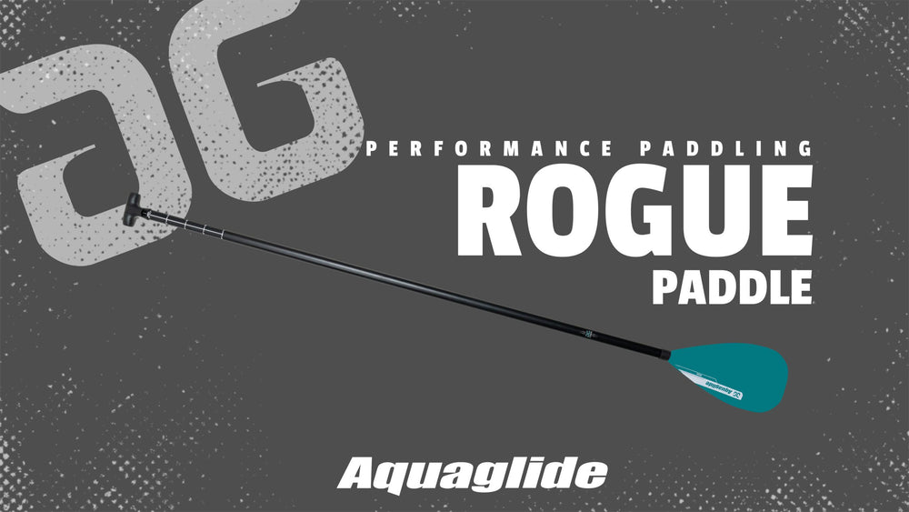 Rogue Leverlock® carbon shaft paddle with Aquaglide text on display.