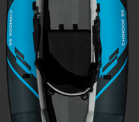 Top view of a Core 2 Seat inflatable kayak with rod holders and a dual-density foam seat.