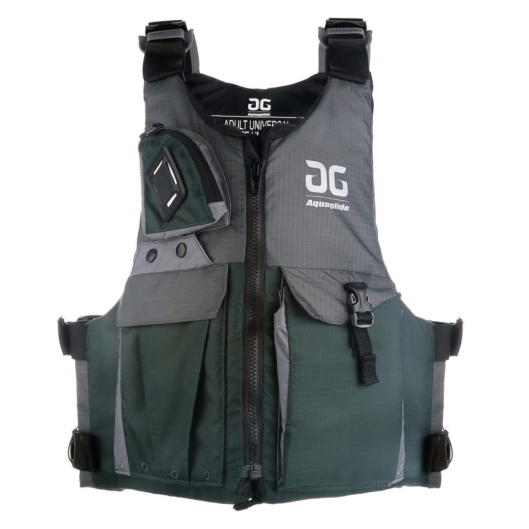 Aquaglide Fishing Vest in dark green and gray with pockets and adjustable straps.