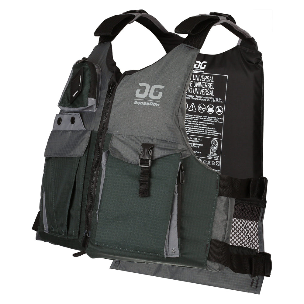 Aquaglide vest, dark green/gray with pockets and adjustable straps.