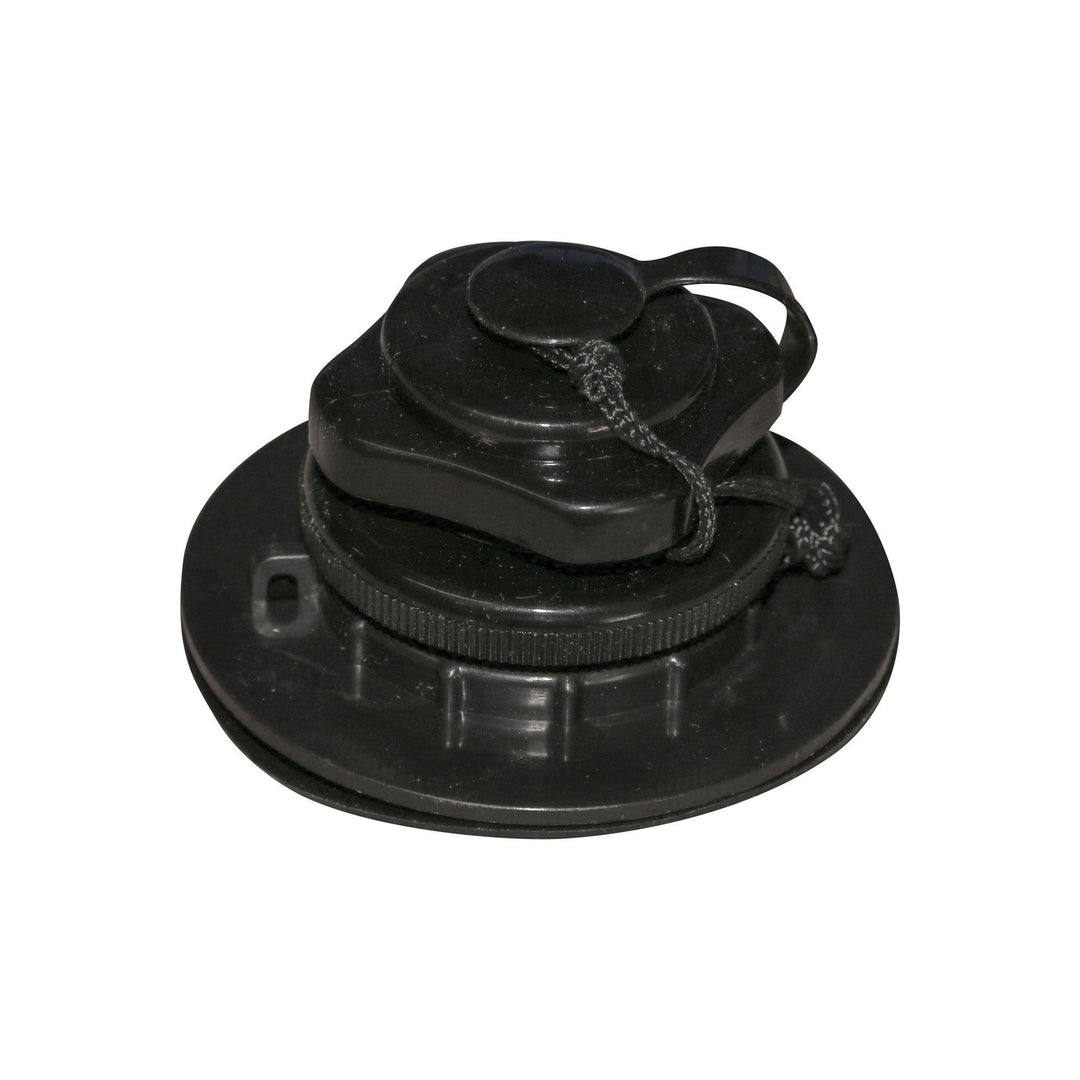 Boston Valve: Black plastic fuel cap with pull tab, ideal for replacements.