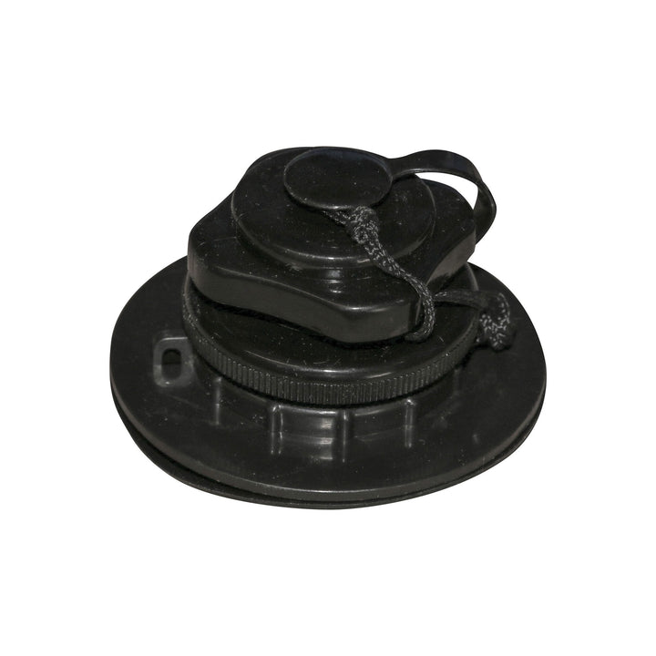 Boston Valve: Black plastic fuel cap with pull tab, ideal for replacements.