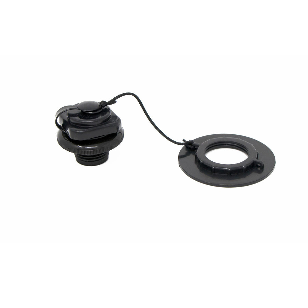 Tethered black plastic screw cap for a Boston Valve replacement.