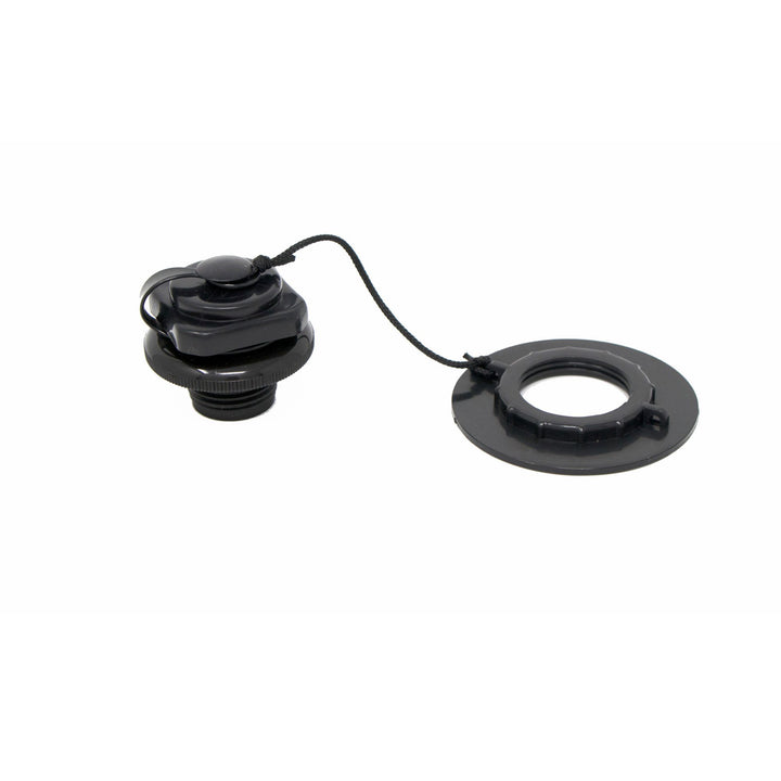Tethered black plastic screw cap for a Boston Valve replacement.
